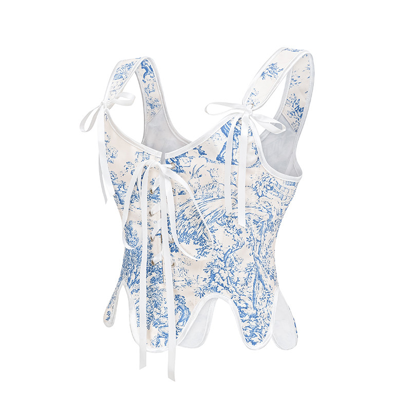 Retro Porcelain After Lacing Corset Fishbone Vest Crop Spice Girl Corset Top AM22097