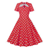 Hepburn Style Round Neck Bow Lace Up Polka Dot Retro Swing Dress Woman 5157
