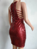 Ladies Deep V Neck Sequin Spaghetti Strap Bandage Dress M8088