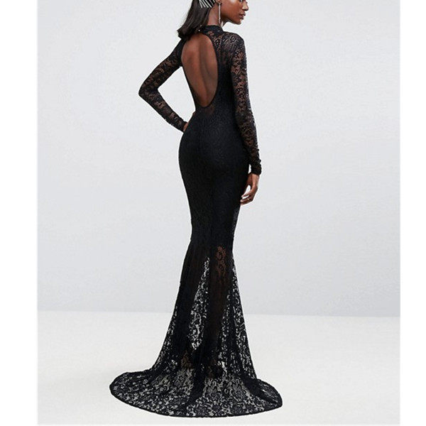 Women's Long Sleeve Black Lace Party Long Dress M18049