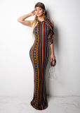 High Stretch Sexy Striped Bodycon Dress With Head Scarf M8288