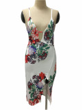 Sexy Lady Summer Deep V Neck Halter Floral Print Strap Dress