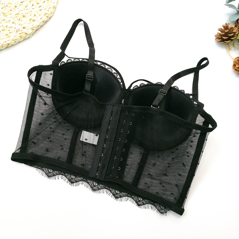Black Polka Dot Corset Sexy Women Mesh Gauze Perspective Wipe Chest KN8055
