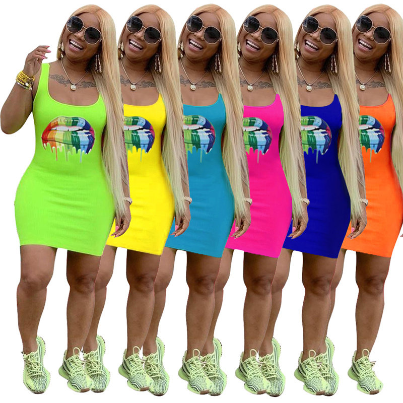Lips Printed T-Shirt Basic Vest Dress m8441