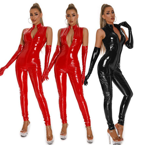 Glossy PU Mirror Sexy Bodysuit Zipper Crotch One Piece Leather Jumpsuit 6845