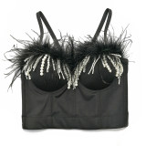 Feather Short Crop Sexy Nailed Beaded Tassel Breast Shaper Stage Top KN8130