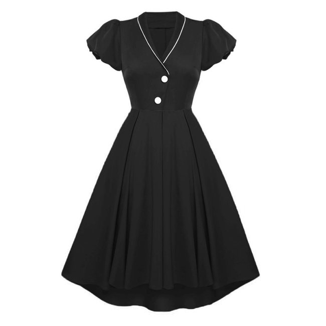 Contrast Color Christmas Formal Dovetail V-neck Puff Sleeves Dress CD1789