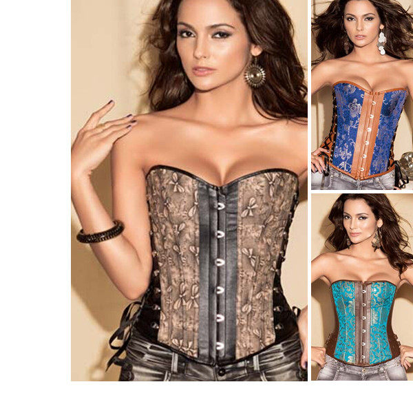 Coffee Faux Leather Trims Turquoise Brocade Corset M1219