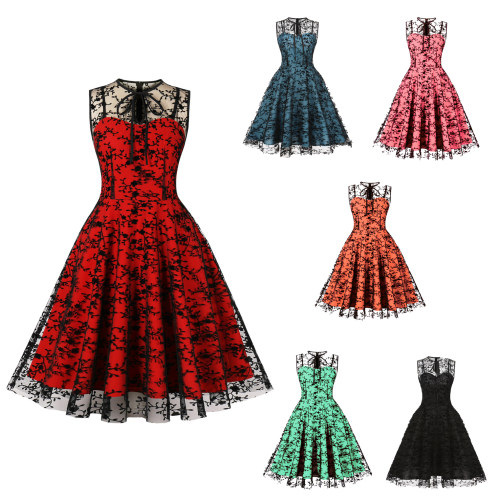 Women Gauze Embroidery Waist Sleeveless Lolita Court Swing Midlength Dress 5122