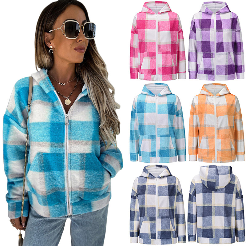 Checked Woolen Cloth Flannel Shirt Zipper Hooded Cardigan Women Coats LQ168