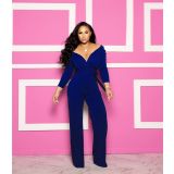 Womens Solid Sexy Deep V Neck Full Sleeve Jumpsuits Belt M9202