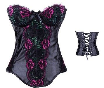 embroide flowery satin black corset m1973