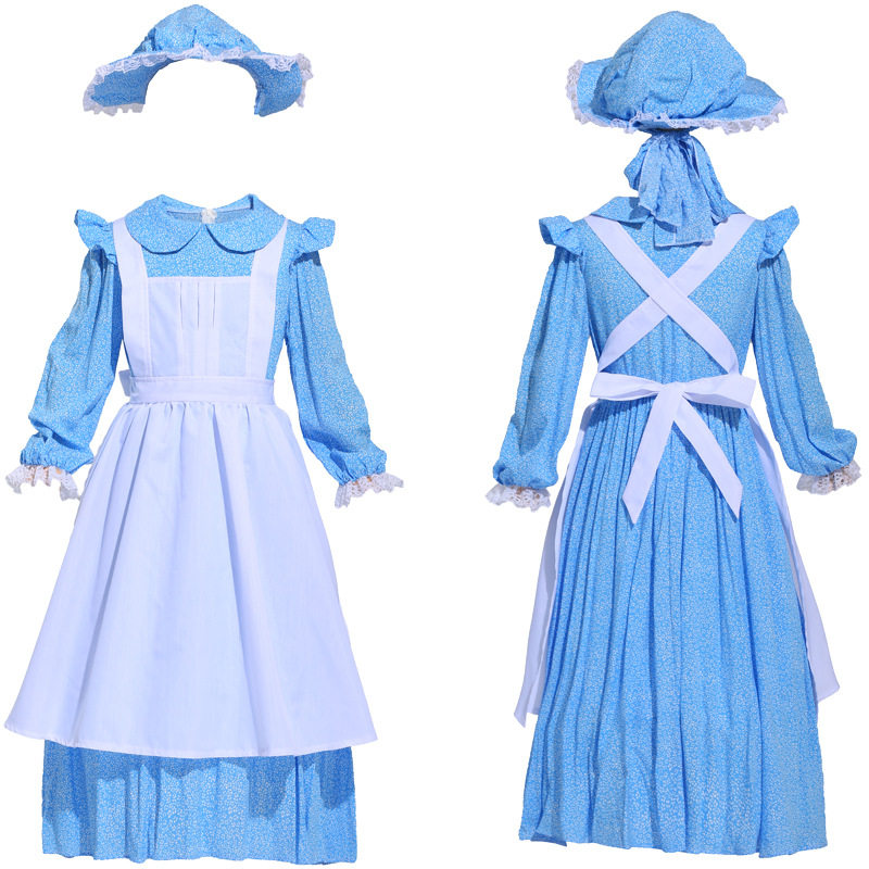 British colonial farm dress girls costume children blue dot dress cosplayM40648