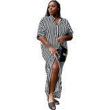 Fashion Striped Women's Shirt Long Casual Dress 9414