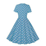 Hepburn Style Round Neck Bow Lace Up Polka Dot Retro Swing Dress Woman 5157