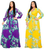 Full Sleeve Belted V-neck Floral Print Boho Chiffon Dress M8450