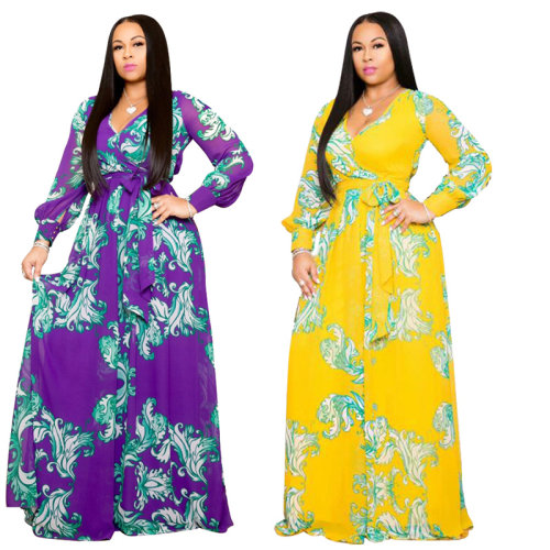 Full Sleeve Belted V-neck Floral Print Boho Chiffon Dress M8450