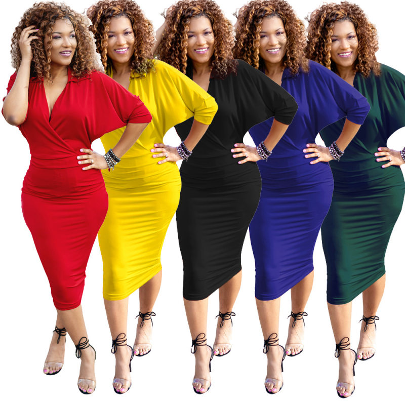 Elegant V Neck Batwing Sleeve Knee Length Bodycon Dress m8385