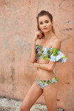 Green Leaf Printed Sexy Off Shoulder Two-pieces Swimsuit M11846