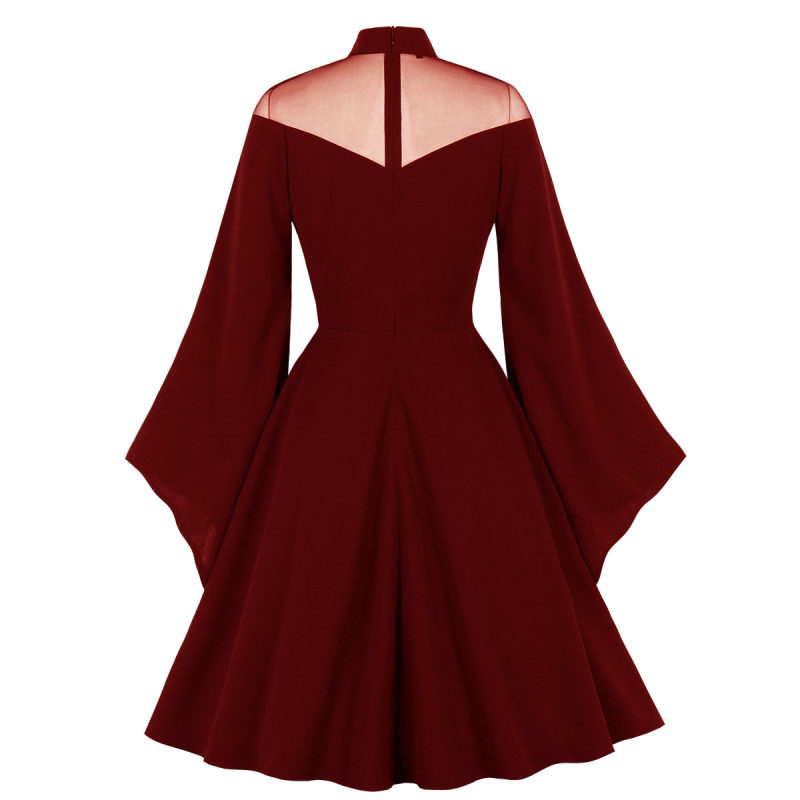 Women Fashion Elegant Mesh Patchwork Flare Sleeve Party Dress M3067