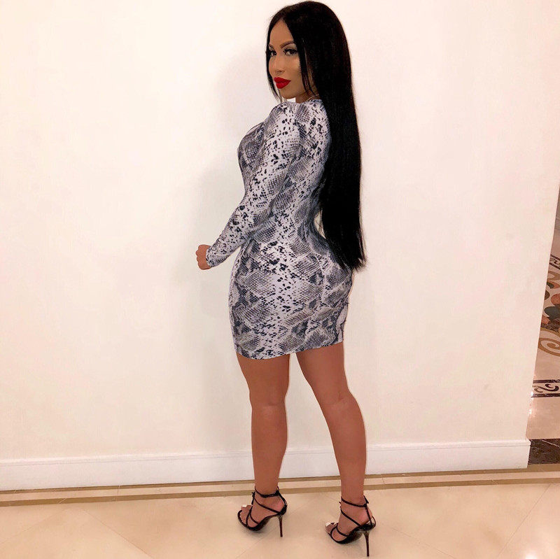 Long Sleeve Snake Print Women Sexy Bodycon Dresses m8337