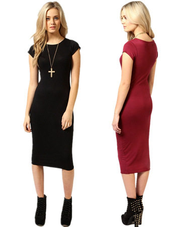 Hot Women Solid Sexy Short Sleeve Midi Pencil Dress M30224