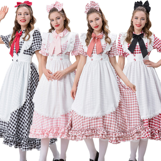 Halloween Farm Checked Lace Oktoberfest Costume Maid Master Dress YM0925