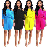 Women-fashion-batter-sleeve-solid-color-dress M8466