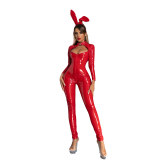 Sexy Open Crotch Women Patent Leather Bright Jumpsuit Sex Uniform 68039