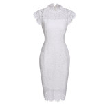 Solid Color Temperament Round Neck Sexy Lace Slim And Hip Wrap Pencil Dress CD127