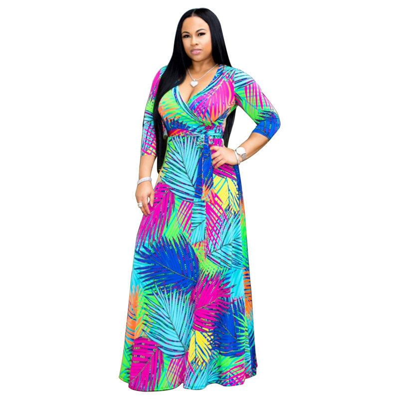 Summer Sexy V Neck Green Palm Leaf Print Holiday Maxi Dress m8408