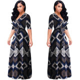 Vintage boho style geometric print half sleeve dresses M8409