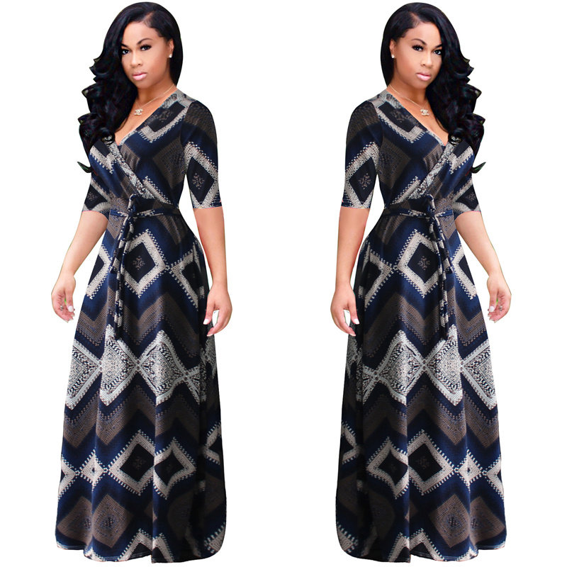 Vintage boho style geometric print half sleeve dresses M8409