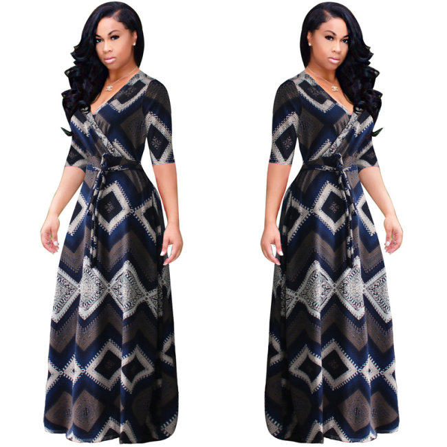 Vintage boho style geometric print half sleeve dresses M8409