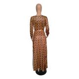 Printed deep v neck long sleeve maxi dress M8300