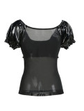 High quality Black  Leather t-shirt m7295