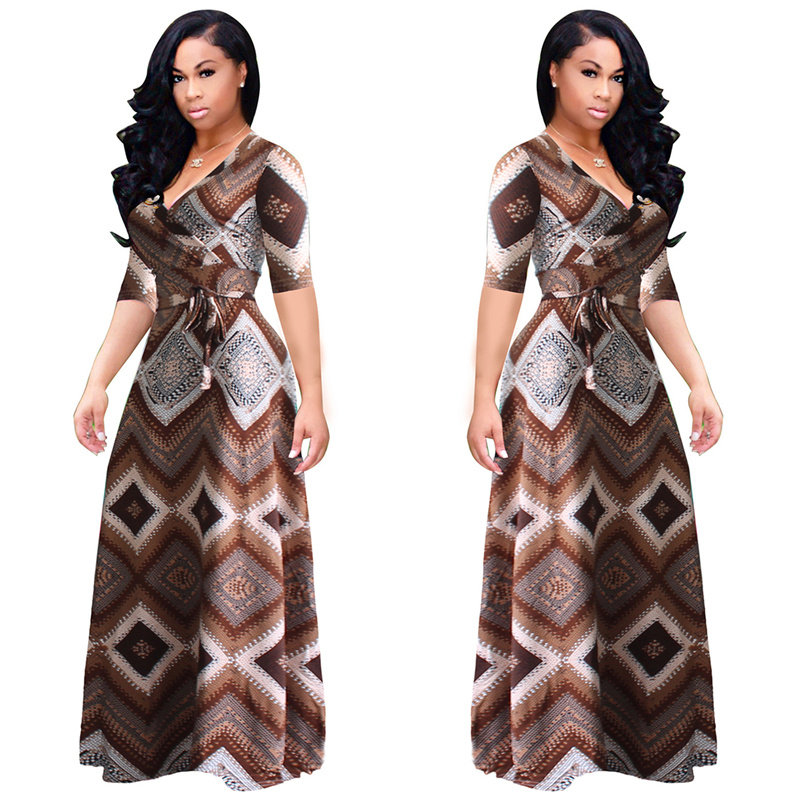 Vintage boho style geometric print half sleeve dresses M8409