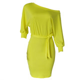 Women-fashion-batter-sleeve-solid-color-dress M8466
