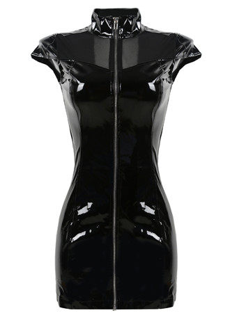 Sexy Mesh Patchwork Faux Leather Gothic Fetish Dress M7293