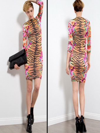 Floral And Leopard Pattern Long Sleeves Bandage Bodycon Print Dress M3813