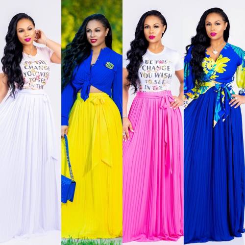 New Fashion Women's High Waist Pleated Solid Skirt M8245