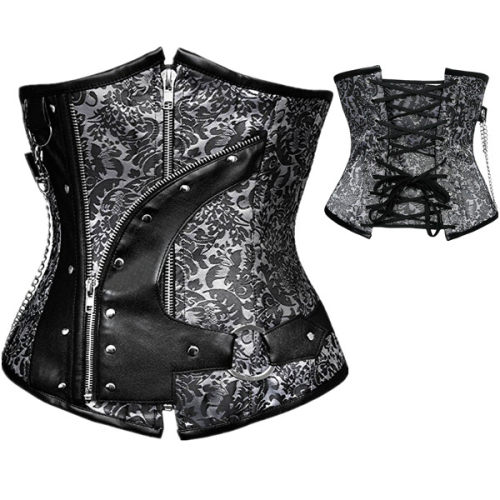 Vintage PU Leather Underbust Patchwork Steel Corset m1396