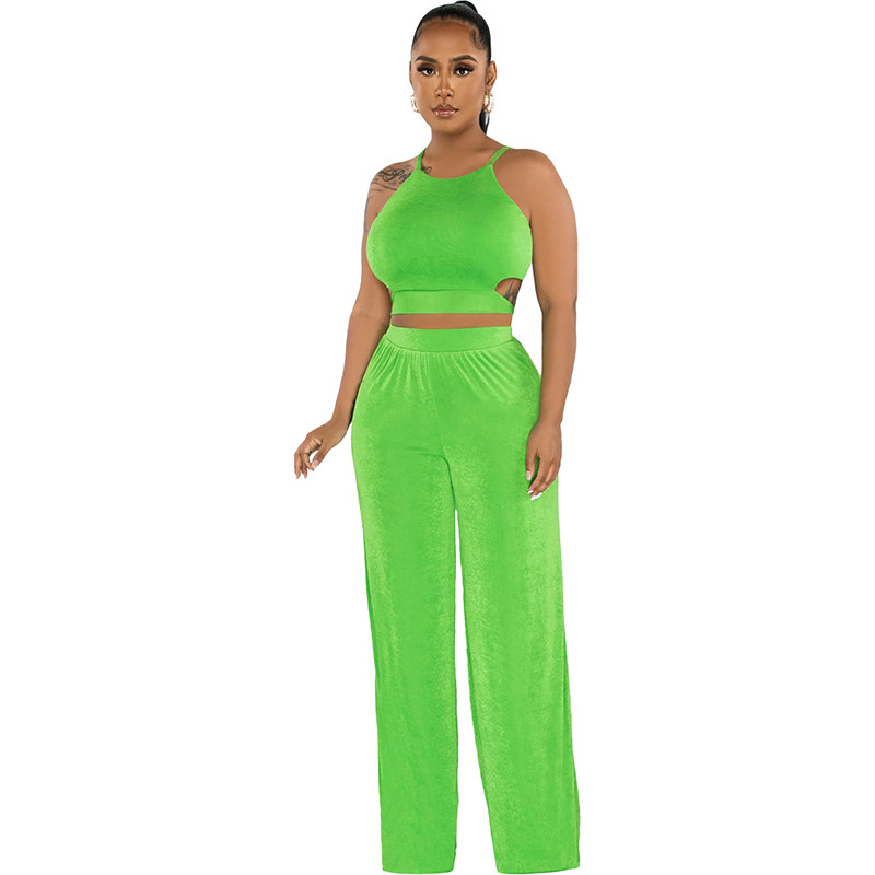 Women's Halter Cross-Strap Solid Color Wide-Leg Pants Two Piece Set 9428