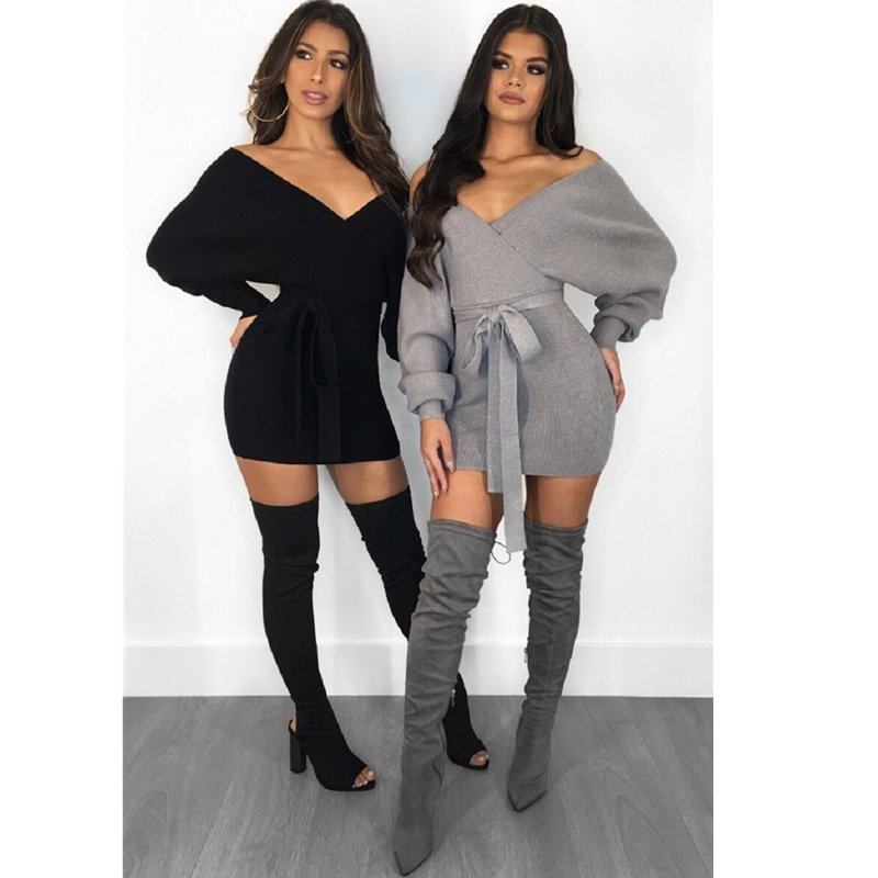 Autumn Winter Off Shoulder Knitted Sweater Dress M8273