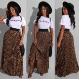 Women White letter T-shirt and Casual Leopard Print Dress Maxi formal skirts for ladies M8451