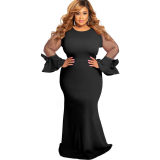 Plus Size Mesh Ruffle Sleeve Elegant Women Wedding Party Maxi Dress M3117