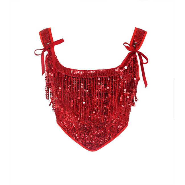 2023 Court Sexy Women Red Fringe Corset Little Sequin Vest Lacing Bustier WK2311