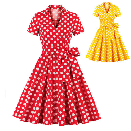 XL-4XL Vintage Polka Dot V-Neck Pin Up Rockabilly Dress 1207A