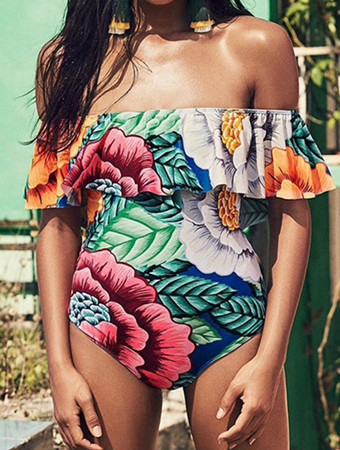 New style ruffle-shoulder  one piece colorful flower print swimwear 17076