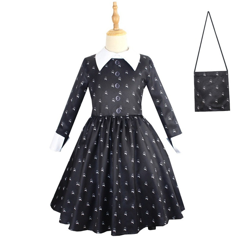 Children Long-Sleeved Adams Family Cosplay Girl's Lapel Mid-Length Dress YZF411